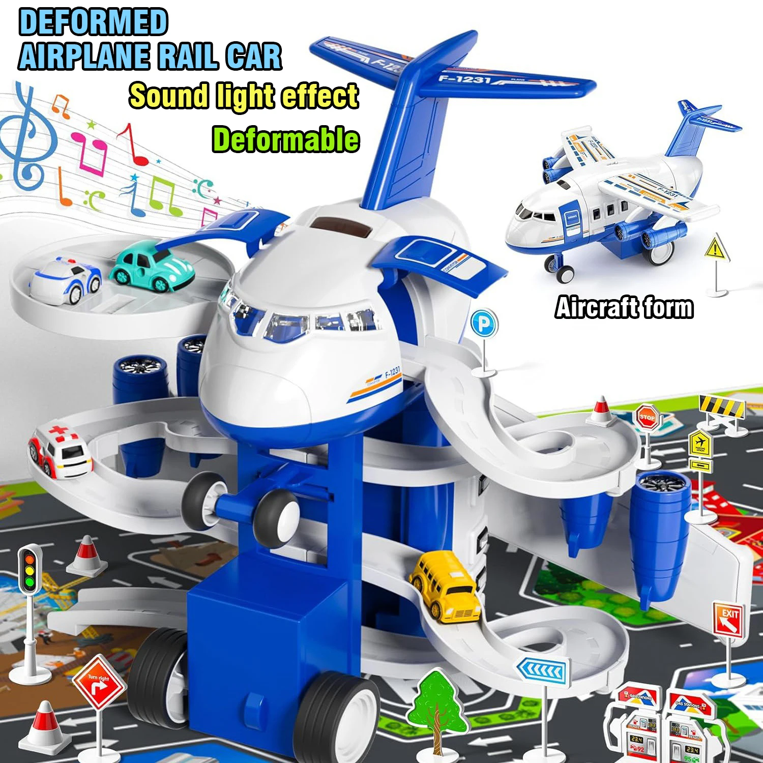 Juego de vías de coche 2 en 1 para niños, simulación de avión deformado, vagón ferroviario para almacenar, vehículo de carreras de inercia, luz de sonido, regalo para niños