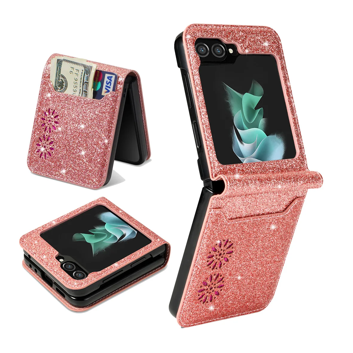 Suitable for Samsung Z Flip7 phone case with up-and-down folding screen FLIP4 glittering starry night laser engraving card slot - view 6