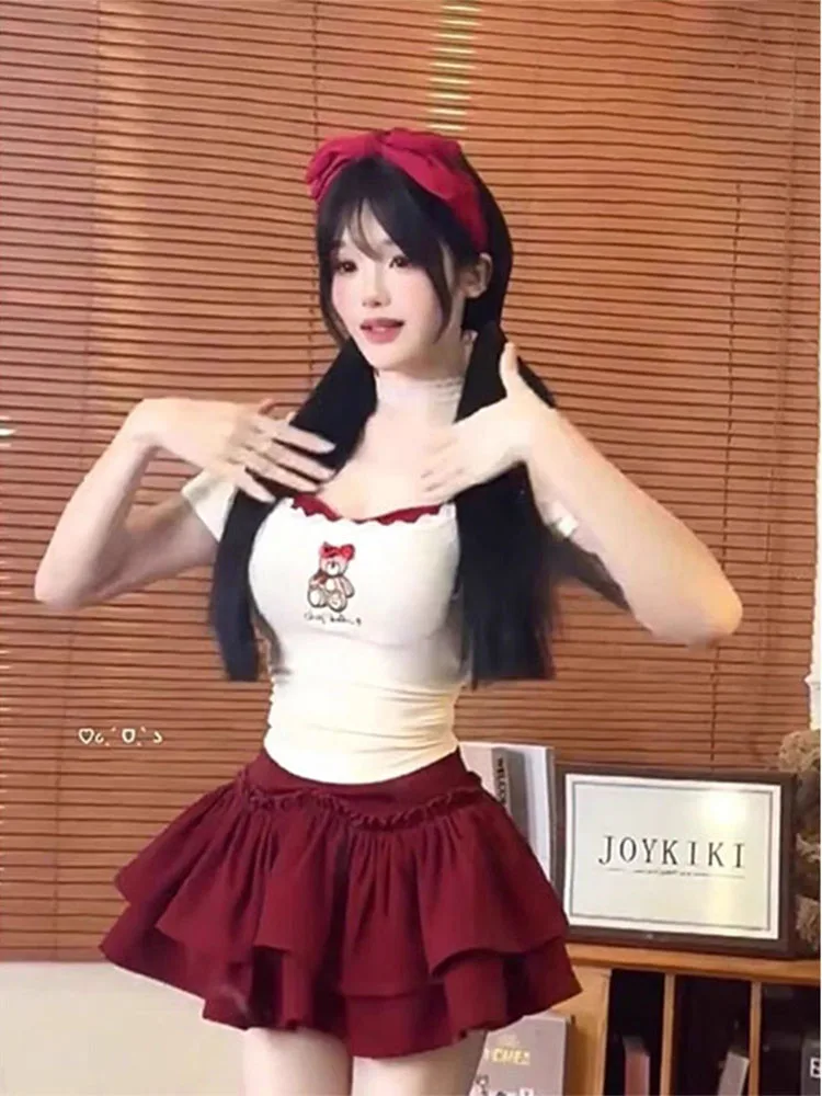 Red High Waist A-Line  Skirt Women's Spring Summer New Style Ballet Style Pure Desire Short Cake Skirt for Young Girls