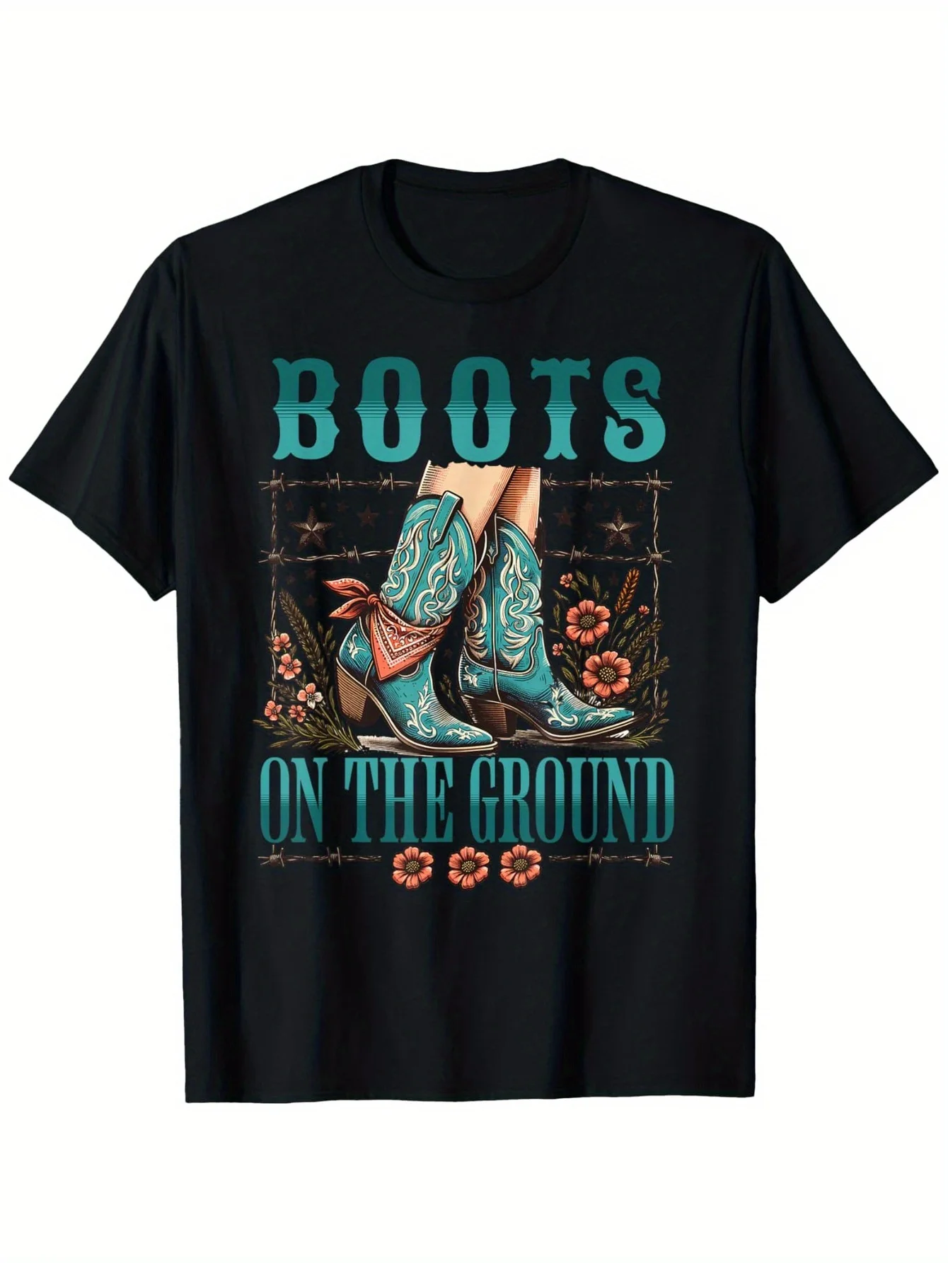 Boots On The Ground  Western Cow Country for Women T-Shirt, Fashionable Cotton Top Short Sleeve, Street Style Short T-shirt, Com