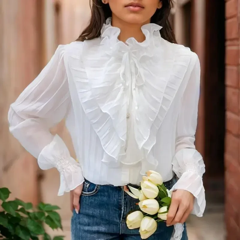 Casual Long Sleeve White Shirt Design Edible Tree Fungus Stand Collar Chiffon Blouse Women Flare Sleeve Ruffled Tops Woman 29719