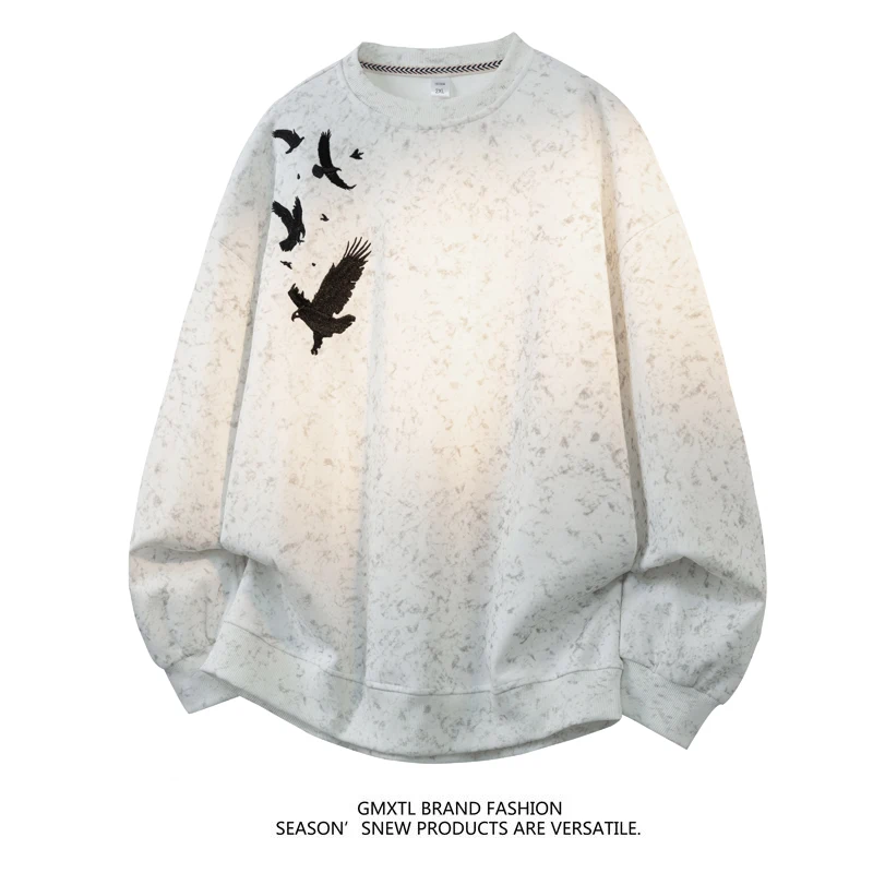 

Men's Streetwear Eagle Graphic Sweatshirt Vintage Washed Texture Round Neck Loose Pullover Winter Fashion Versatile Male Top
