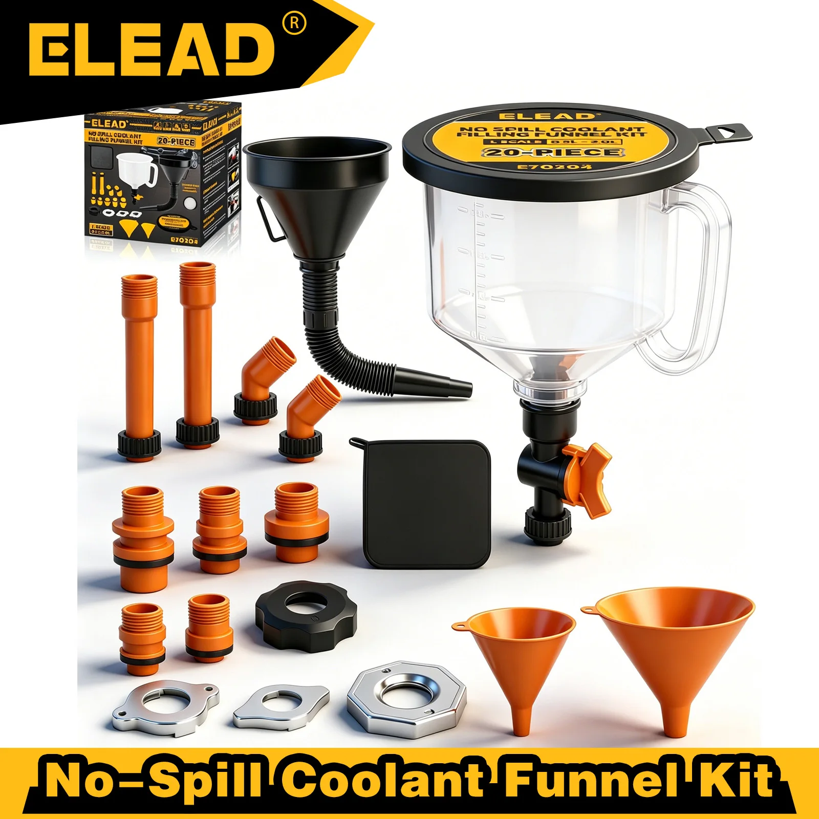 ELEAD Kit de 20 Peças de Funil para Líquido de Arrefecimento à Prova de Derramamento, Ferramenta de Sangria de Radiador com Adaptadores, Extensões e Mangueira para Reparo Automotivo