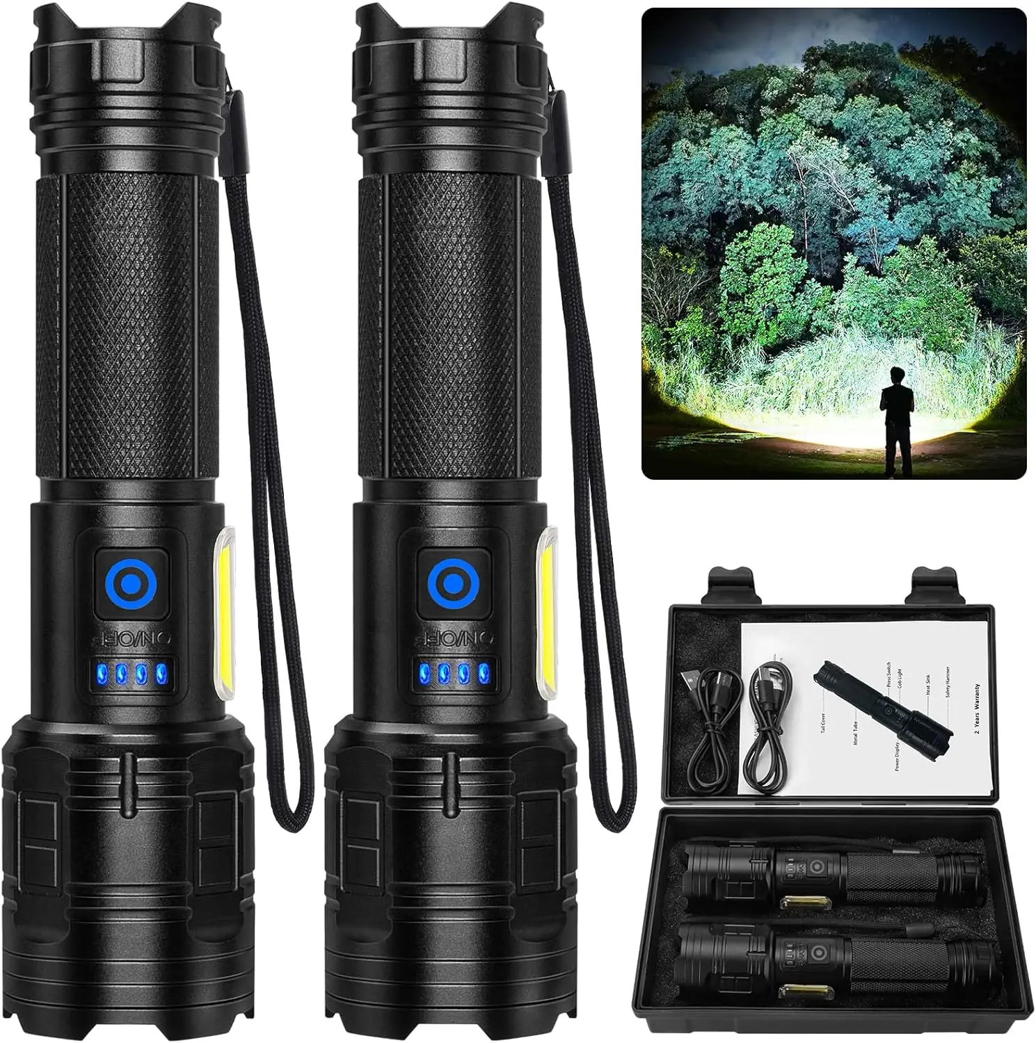 

Rechargeable 99,000 Lumen Flashlight 2-Pack with COB LED, 7 Modes for Camping & Home