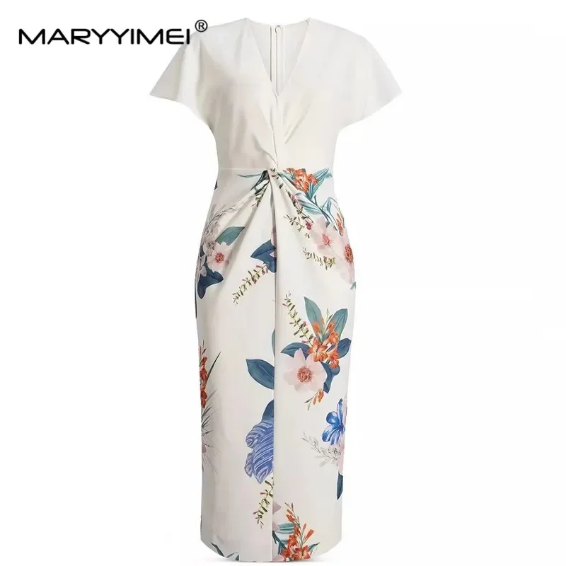 

MARYYIMEI Fashion Designer Summer Women's dress V-neck Short sleeved Floral-Print Slim Package hip Elegant Dresses