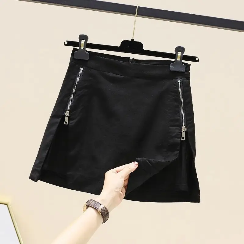 Fake Two Piece Zipper Patchwork Shorts Skirts Spring Summer Elastic Waist Street Casual Shorts Fashion Vintage Women Clothing