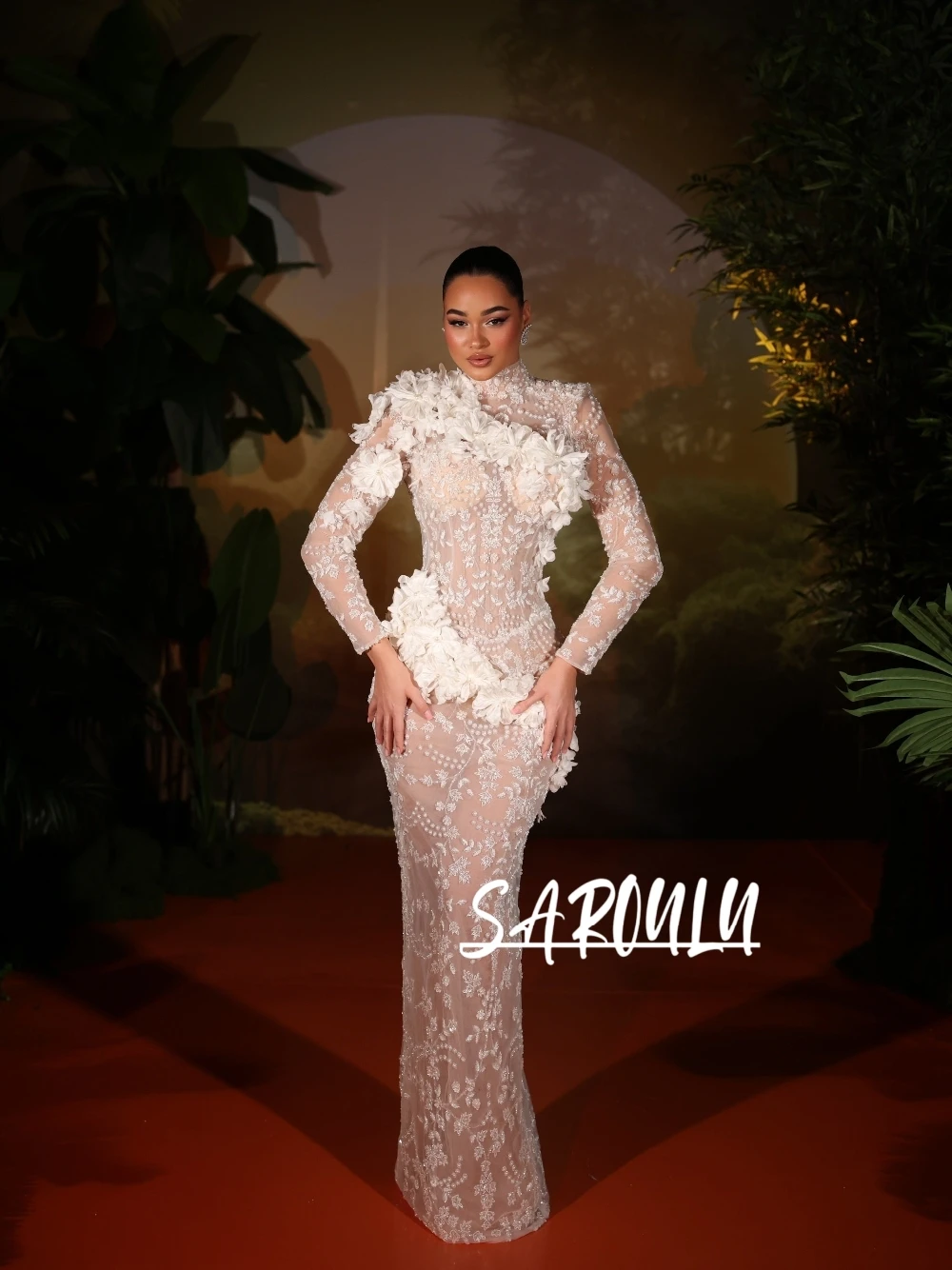 

Fitted Sheer Lace Beaded Embroidery 3D Flower Mermaid Prom Dress High Neck Sexy Open Back Formal Wedding Guest Evening Gown