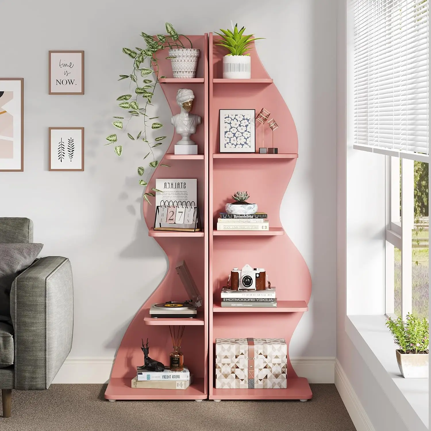5-Tier Corner Shelf Wall Bookshelf Storage Rack Plant Stand Unique Shape Living Room Home Office (Pink, 2PCS), Customized