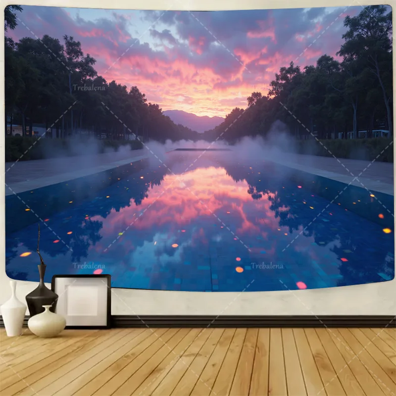

1pc Wall Tapestry "Sunset Reflection Pool Tapestry - Modern Landscape Wall Art"