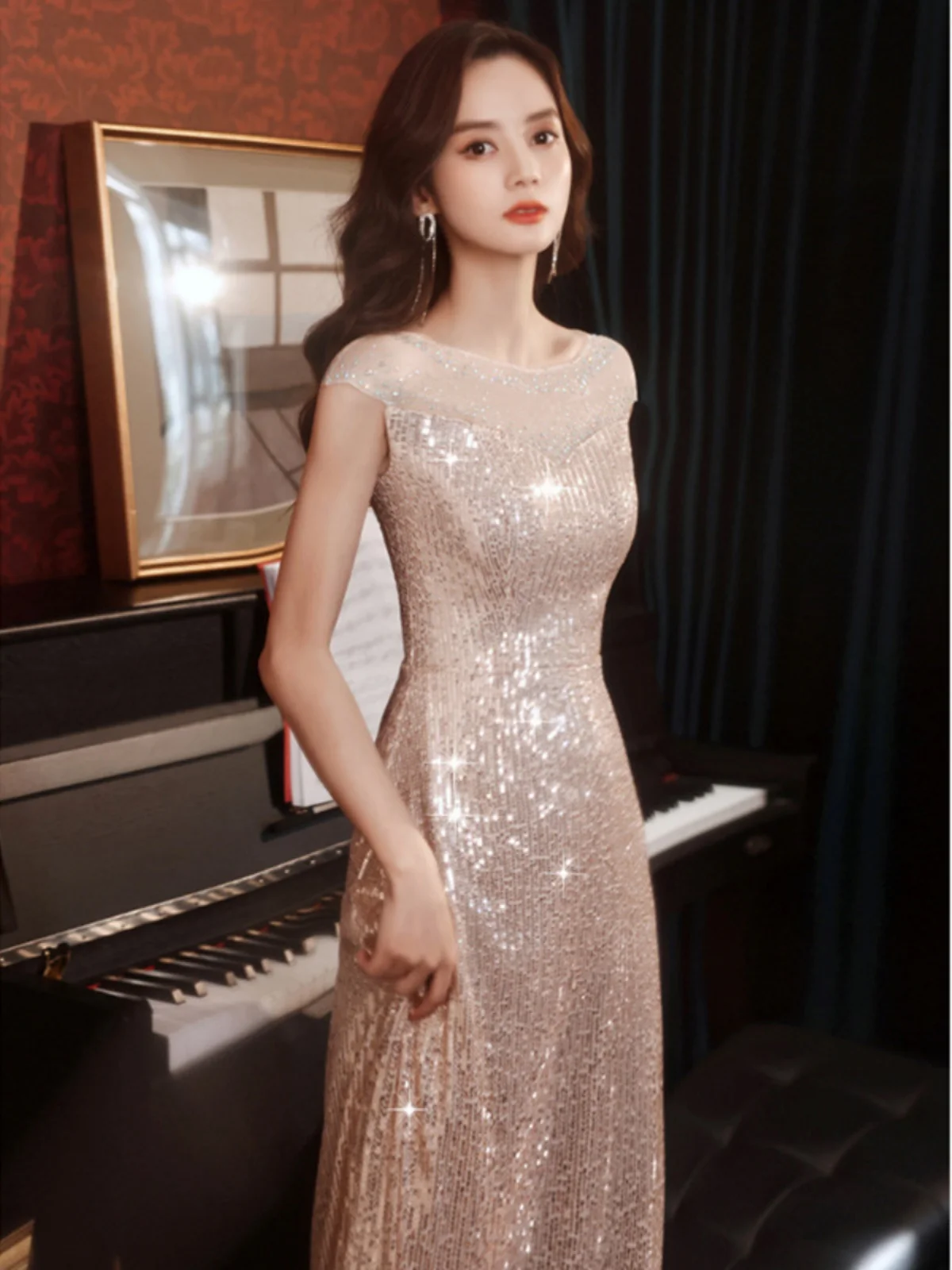 

Женская вечерняя юбка Ele с высокой талией и молнией, корейская версия, длинная, без рукавов, для вечеринок и банкетов