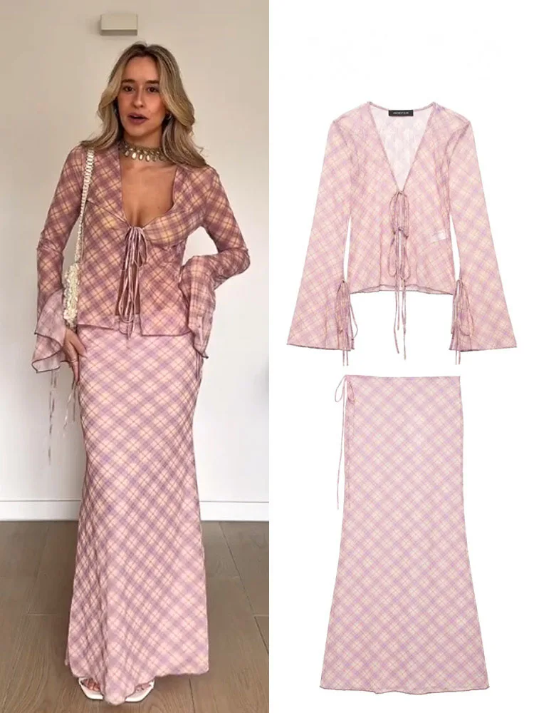 

HH женский костюм с юбкой, элегантный клетчатый кружевной костюм с v-образным вырезом, украшением, рубашка с длинными рукавами, топ + модная веревка, тонкая повседневная длинная юбка Mujer