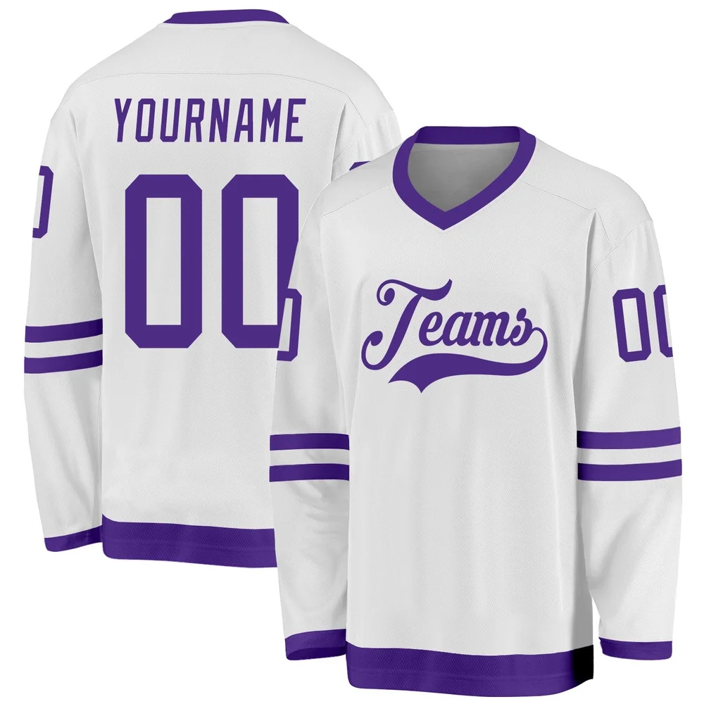 Custom Name & Team White Purple 3D Printed Fashion Men's Hockey Jersey Summer Unisex Personali Sport Team Jersey Shirt BQ-06