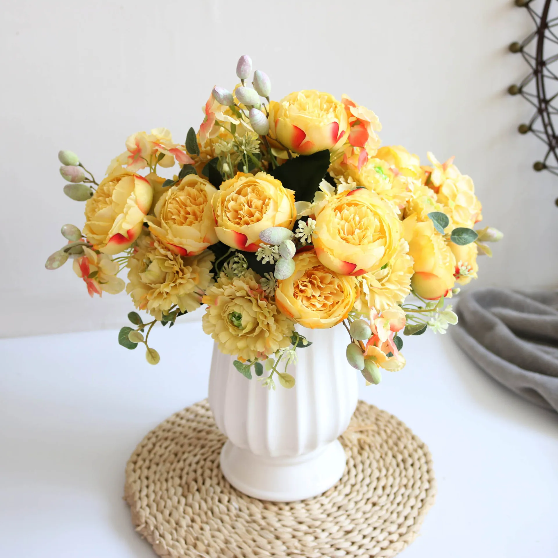 1 Bouquet yellow Artificial Flowers Peony Tea Rose Autumn Silk Fake Flowers for DIY Living Room Home Garden Wedding Decoration