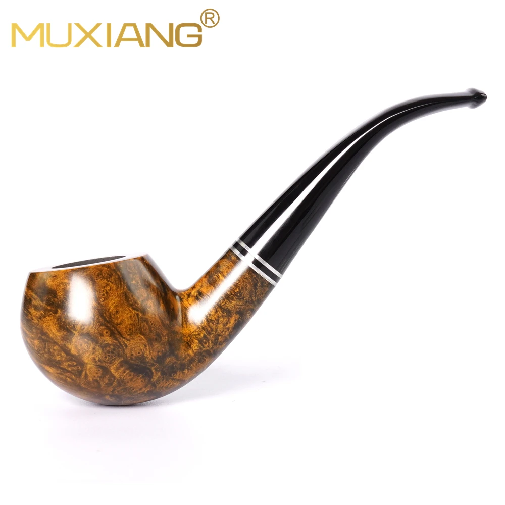 MUXIANG Briar Bent Apple Tobacco Pipe Double‑Metal Decorative Ring Acrylic Mouthpiece 9mm Filter Handmade For Men