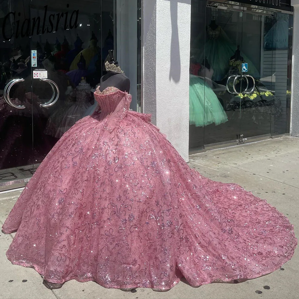 Vestido de baile rosa para quinceañera, vestidos de graduación de manga larga con cordones, vestido de princesa dulce 15 16, vestidos de 15 años