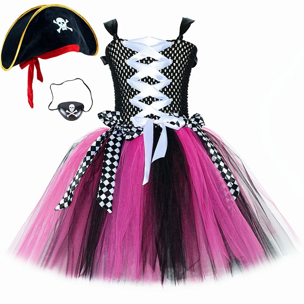 Disfraz de Pirata para Niñas, Disfraz de Halloween Medieval Vikingo, Vestido de Princesa Pirata, Tirantes Ajustables, Vestido de Malla Abullonada, Sombrero