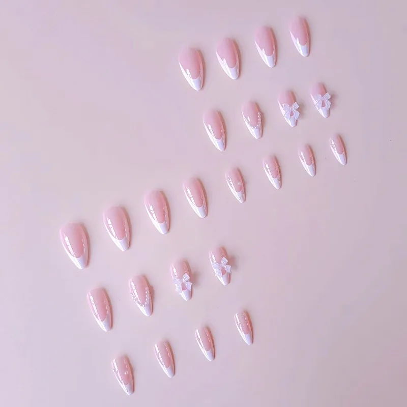 24pcs Medium Short Almond Acrylic Bowknot White Press on Nails White Pearl Sweet French False Nails Tips Cute Cheap Nail Korean