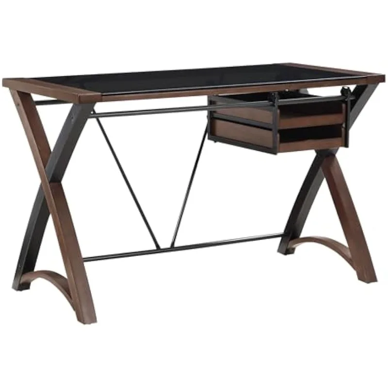 

OSP Home Furnishings Modern 48-inch Glass-Top Home Office Desk with Sliding Storage Tray, Rich Cherry Finish