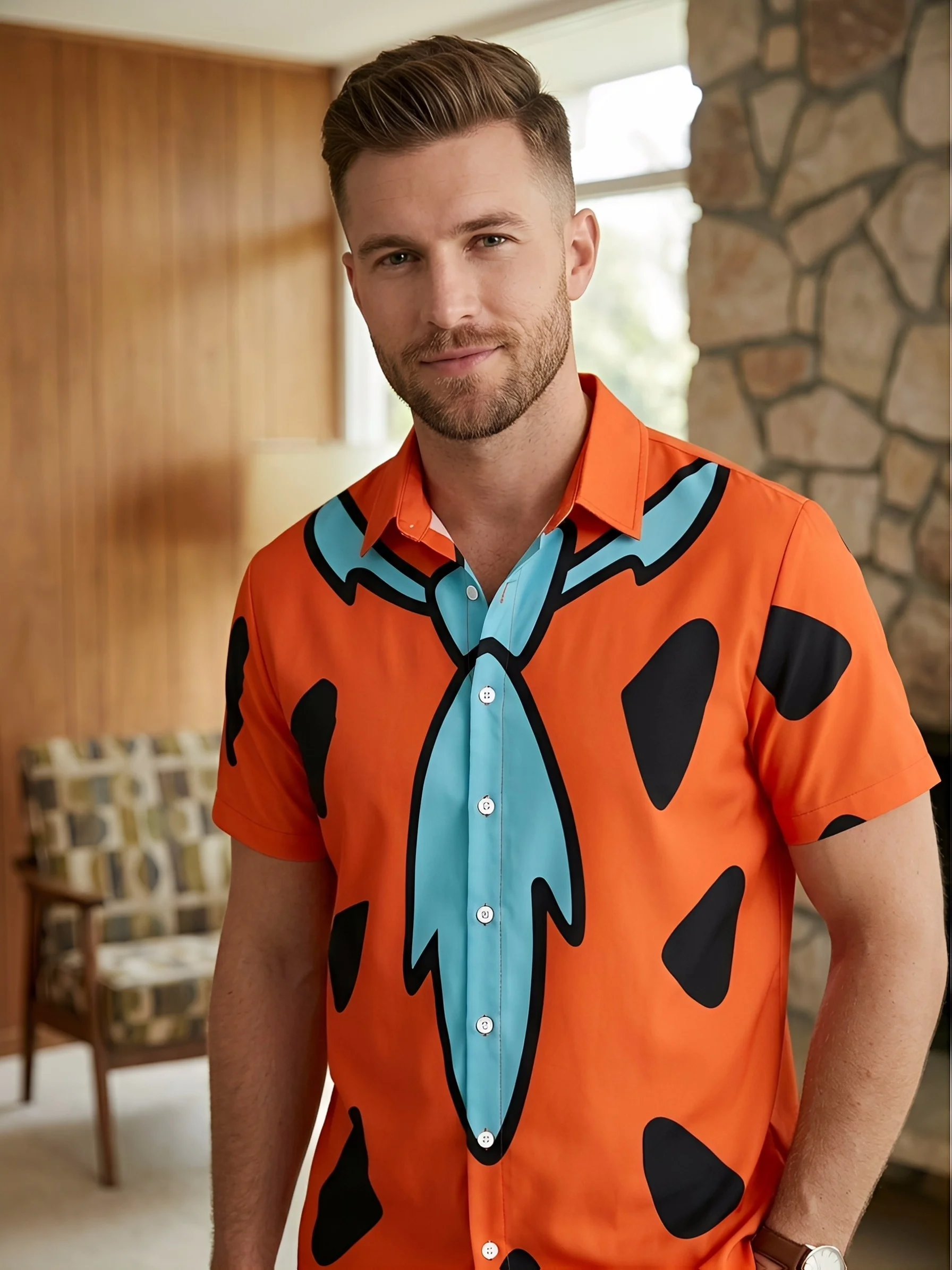 Retro Stone Age Character Cosplay Full Print Lightweight Men Hawaiian Short Sleeve Shirt Mens Casual Wear