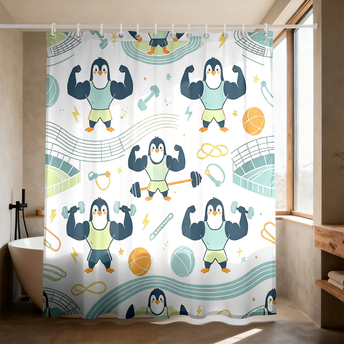 1pc fitness muscle penguin print shower curtain fashionable privacy protection curtain suitable living room bathroom