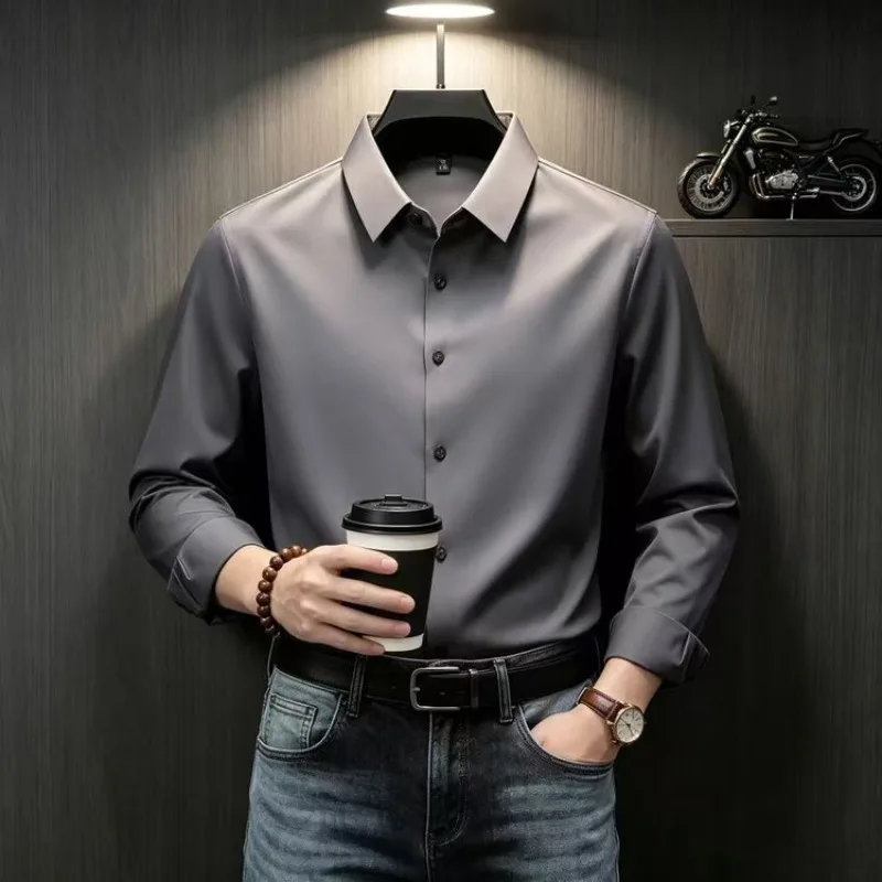 Men's Seamless Shirt 210g Fabric High Elasticity Anti-wrinkle 5A Antibacterial Casual Business Dress Shirt V-neck Long Sleeve