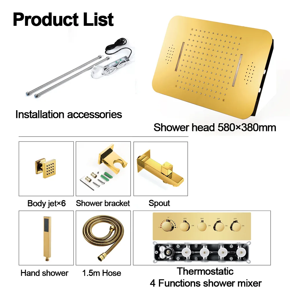 Music Rain Shower System 64 Colors LED Rose Gold Shower Combo Set Thermostatic Bathroom Shower Faucet Set