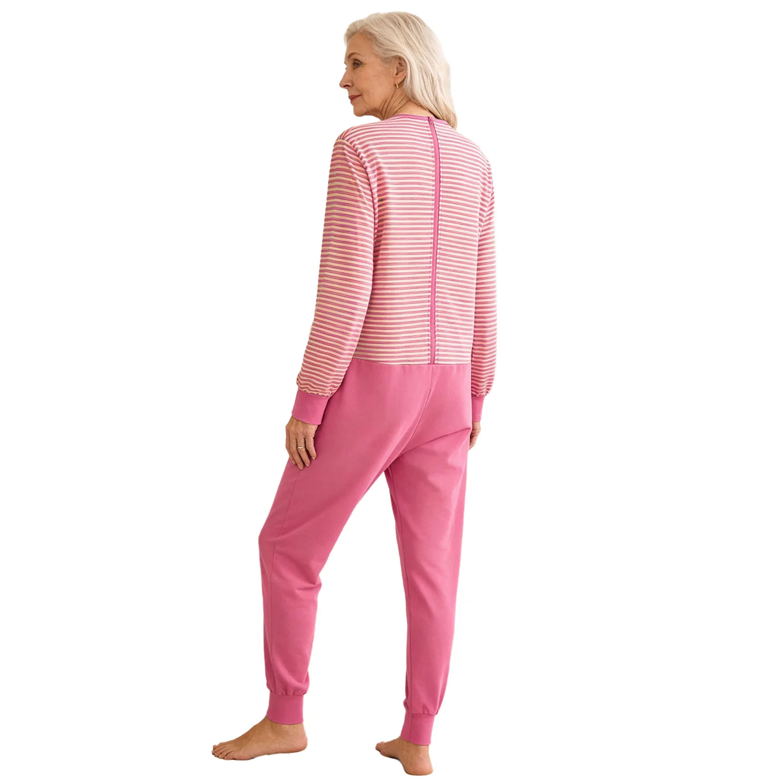 Women Elderly Alzheimer Nursing Striped Jumpsuit Dementia Clothing Anti-strip Pajama for Alzheimer Zipper at Back And Leg