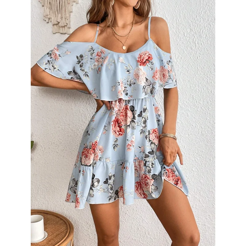 

INSHot Sexy Hot Girl Small Floral Tight Waist Slimming Flounce Sling Dress