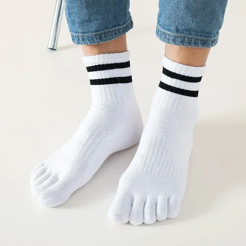 Imagen 2 del producto 1/5 pares de calcetines de cinco dedos para hombre, calcetines cortos de algodón a rayas, sólidos, informales, absorbentes del sudor, antibacterianos, cálidos y suaves, con punta elástica