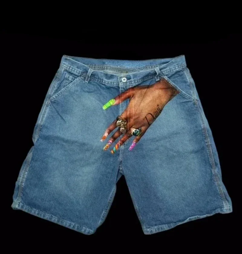 Pantaloncini di jeans larghi blu con stampa grafica a mano popolare americana per uomo 2024 pantaloni corti y2k larghi hip hop high street estivi