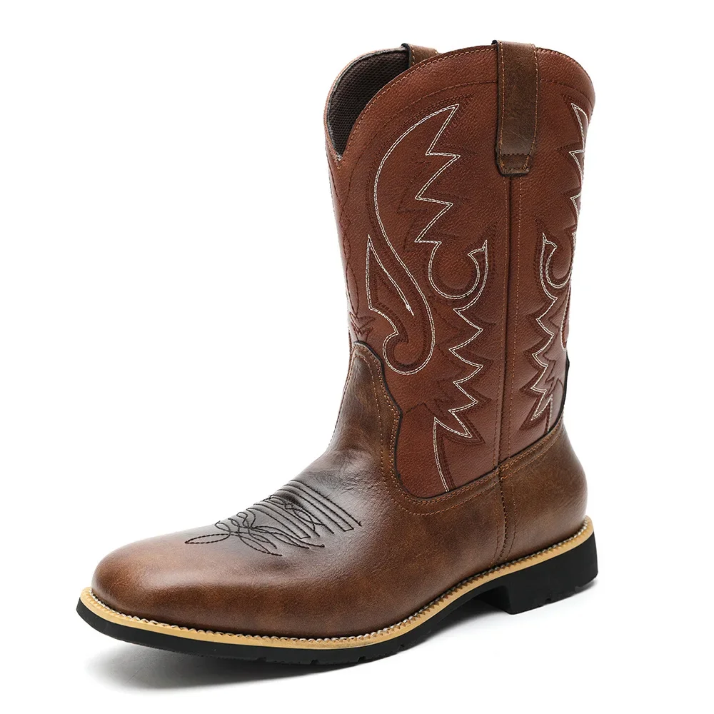 Men's Mid-calf Boots Fashion Handmade Leather Boots for Men Retro Western Cowboy Boots Designer Motorcycle Boot Big Size Botas view 5
