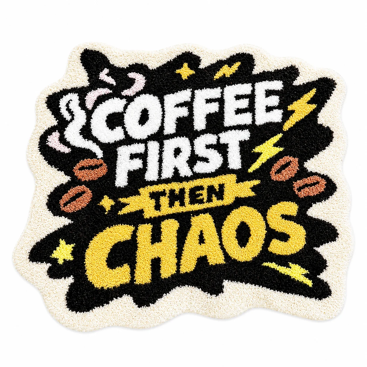 COFFEE FIRST THEN CHAOS Comic Burst Irregular Tufted Rug Coffee Bean Lightning Star Graphic Fluffy Anti Slip Floor Mat Funny Cof