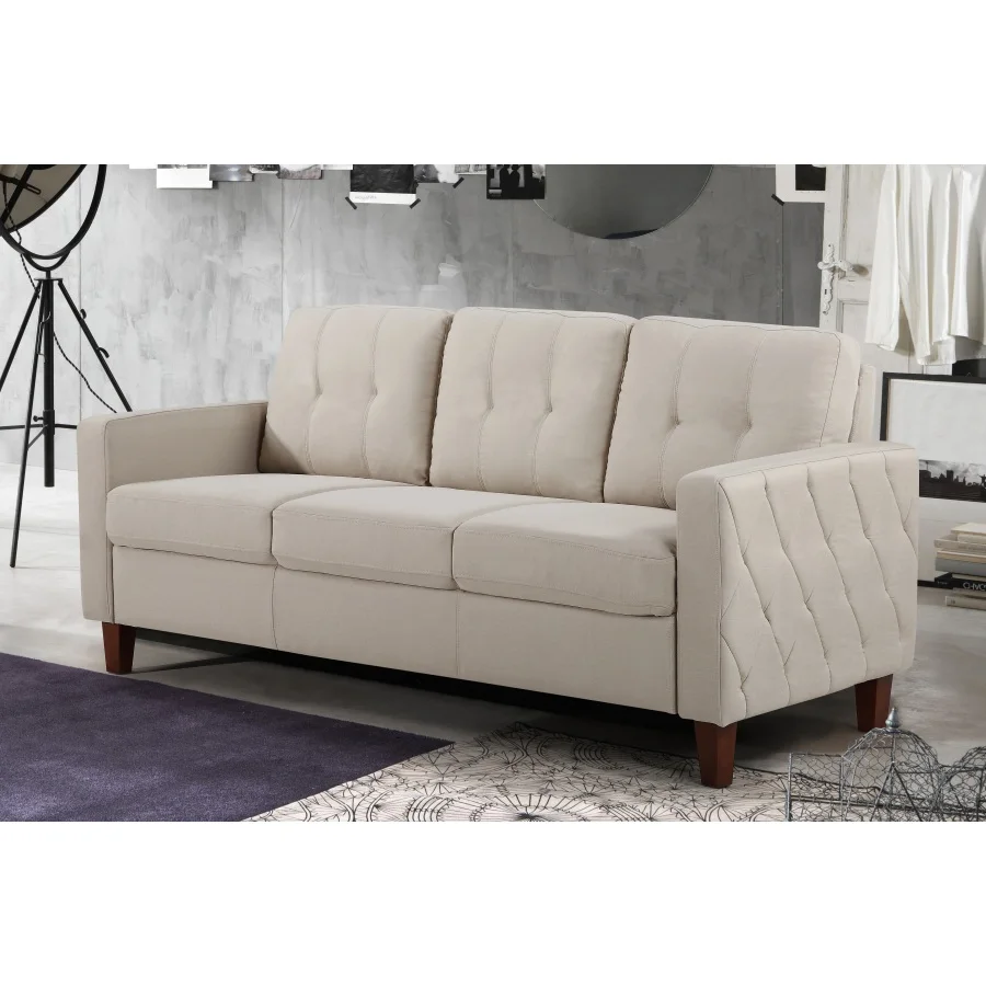 Piped Trim Square Arm Button Tufted Upholstered Accent Chair, Polyester Fabric Single Sofa Chair for Living Room Comfy Futon Co