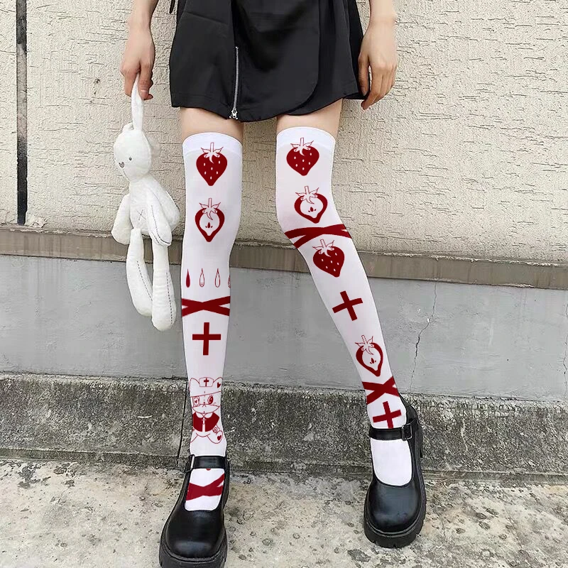 

Fashion Sexy Strawberry Cross Print Over-The-Knee Stockings Female Japanese Two-Dimensional Bear Lolita Thigh Velvet Stockings