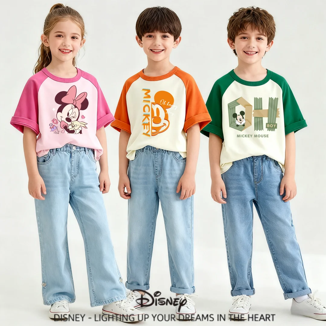 

Детская летняя легкая футболка Disney из чистого хлопка, мягкие дышащие удобные пуловеры, повседневная футболка в стиле пэчворк с цветными блоками