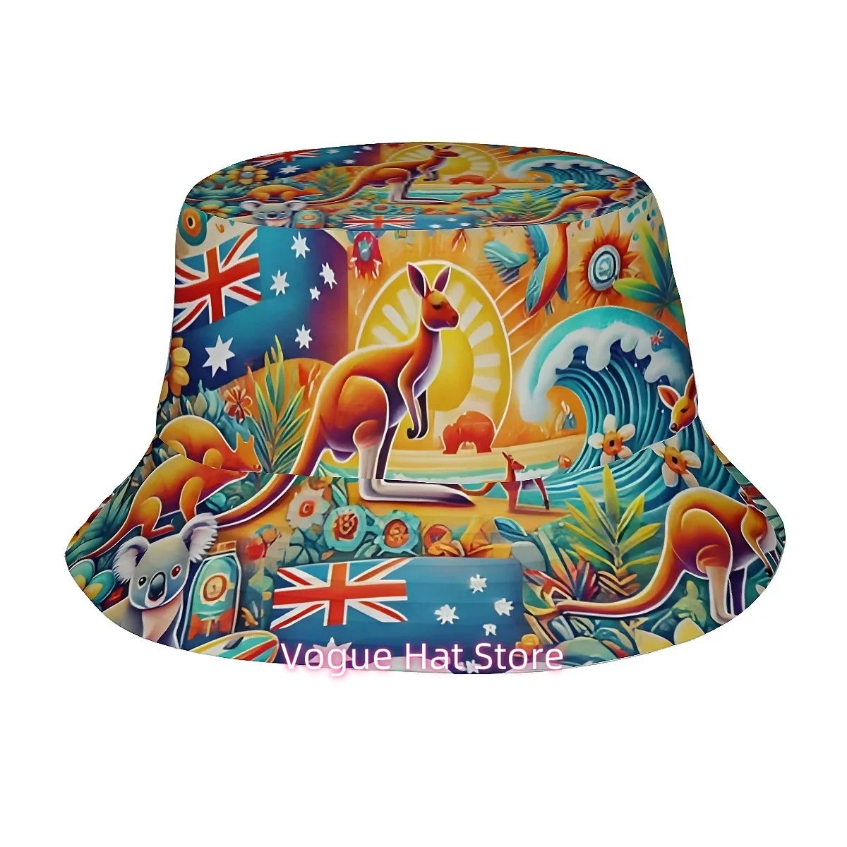 Unisex Printed Fisherman Hat Featuring The Australian Flag Along with a Kangaroo And Koala Design, Complete with a Wave Pattern.