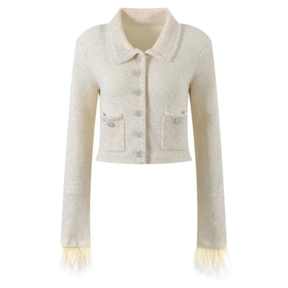 

Knit coat Heavy tweed short shiny cardigan Fall/winter new white feather coat