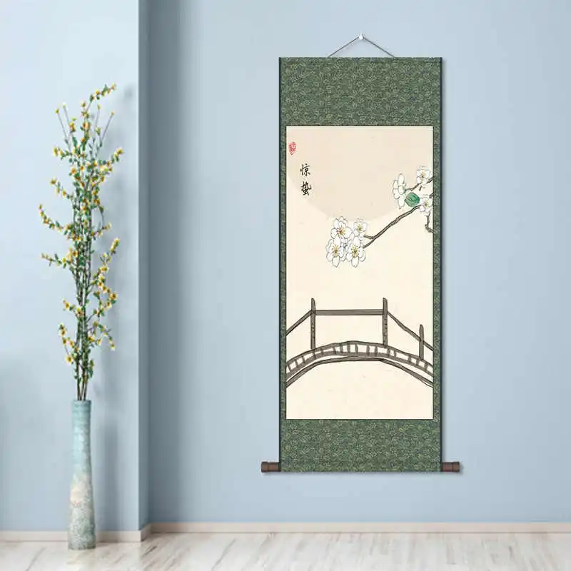 24 Solar Terms Flower and Bird Wall Art Scroll, Traditional Chinese Painting Hanging Scroll for Home Decor