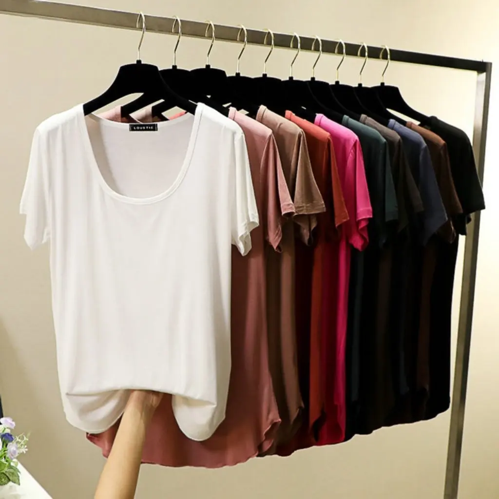 

Women's Spring Summer round Neck Korean Style Candy Color Modal Loose T-Shirt Short Sleeve U Collar Bottoming Shirt Basic Top