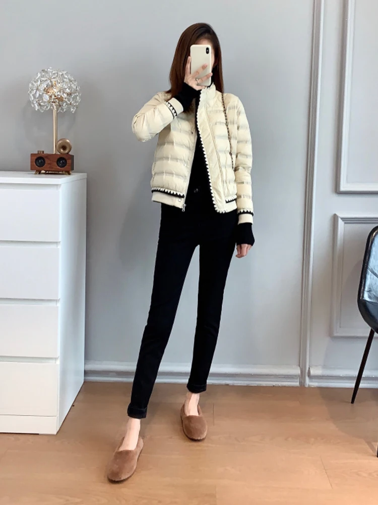 FTLZZ Winter Women 90% White Duck Down Coat Stand Collar Zipper Lace Solid Jacket Thick Warm Snow Parka Outwear