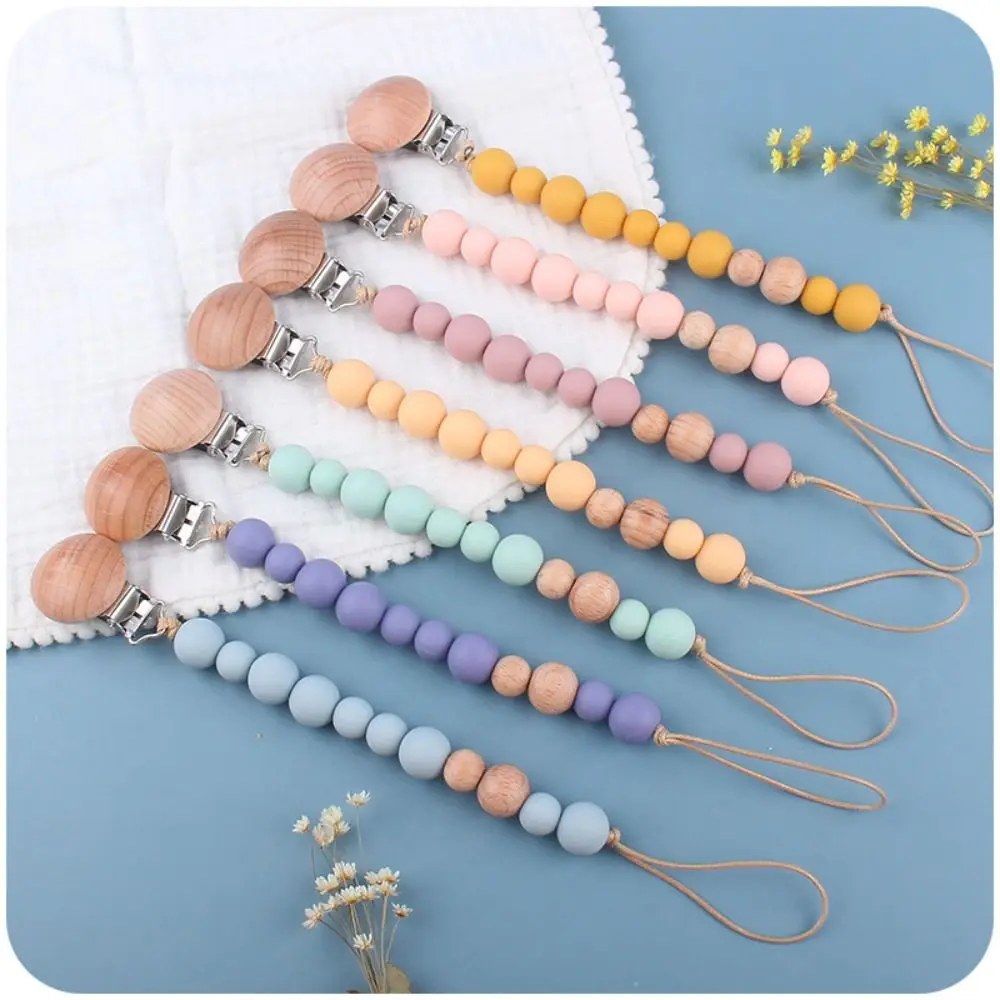 

Dummy Clips Pacifier Holder Clips Wooden Bead Soother Holder Baby Pacifier Chain Round Nipple Holder Clips