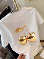 T-shirt à manches courtes pour femme avec imprimé cerise dorée, tee-shirt décontracté élégant, un sentiment d'élégance, haut polyvalent pour femme, design minimaliste 3