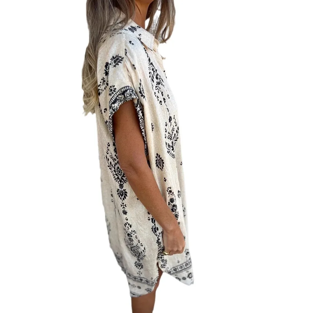 2025 New Summer Loose Casual Short-sleeved Cotton and Linen Shirt Pocket Print Dress for Women Vestidos De Mujer