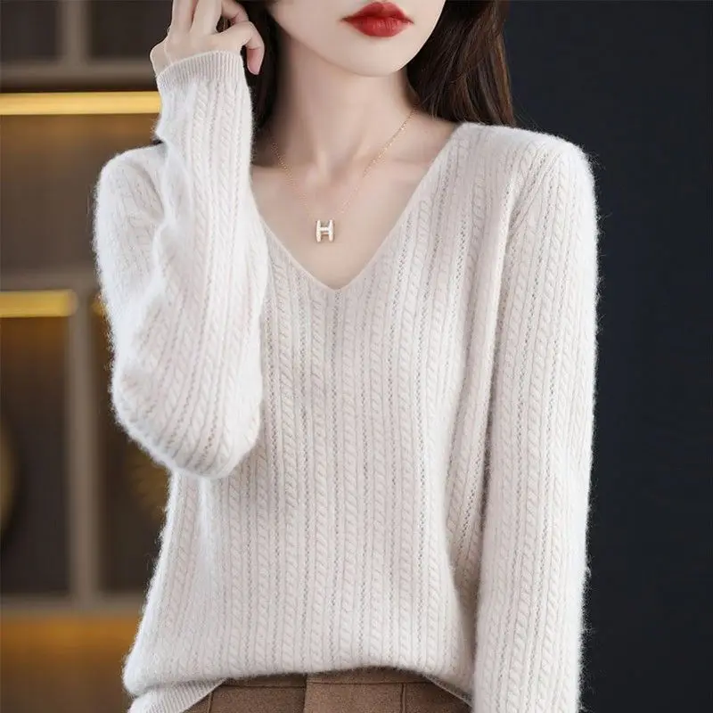 V-neck Fried Dough Twist Striped Sweater Women Loose Korean Plus Size Thick Fashion Long Sleeve Knitting Pullovers Straight 5XL