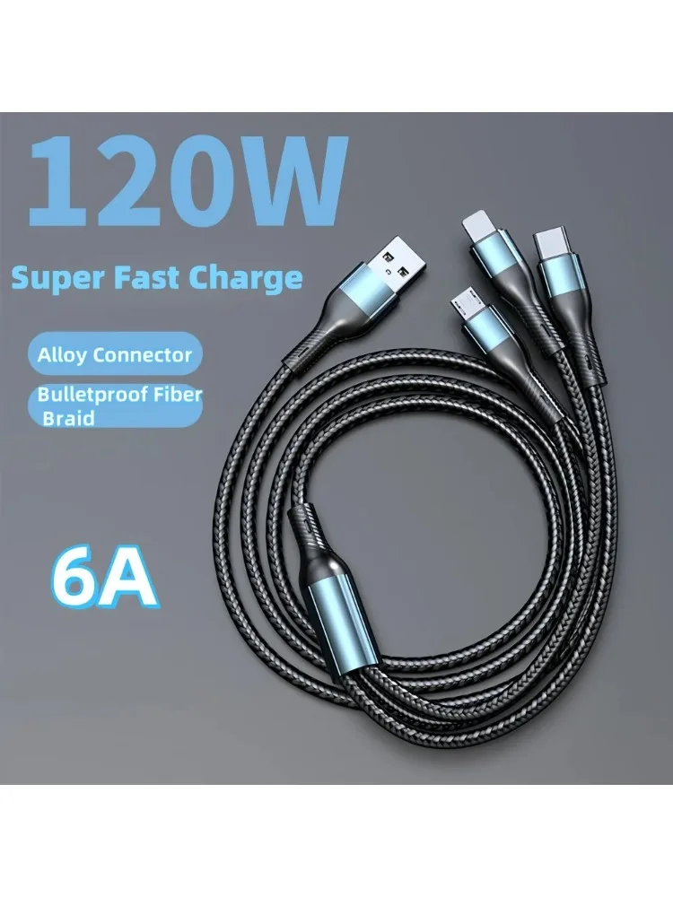 6A 120W 3-in-1 USB Typ-C Kabel, schnelles Ladekabel für iPhone, Samsung, Xiaomi, Huawei, Quick Charge Micro-USB-Kabel
