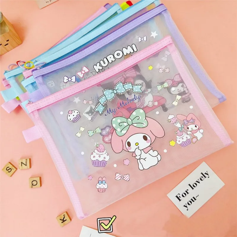 Sanrio A5 Mesh Zipper Pencil Bag Pouch Document Bag Kawaii Student Storage Melody Kuromi Cinnamoroll Protable Stationery Bag