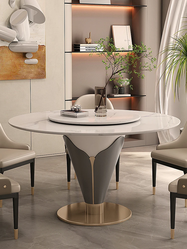 Light luxury round dining table rock plate marble with turntable household dining table and chair group contract type round tabl