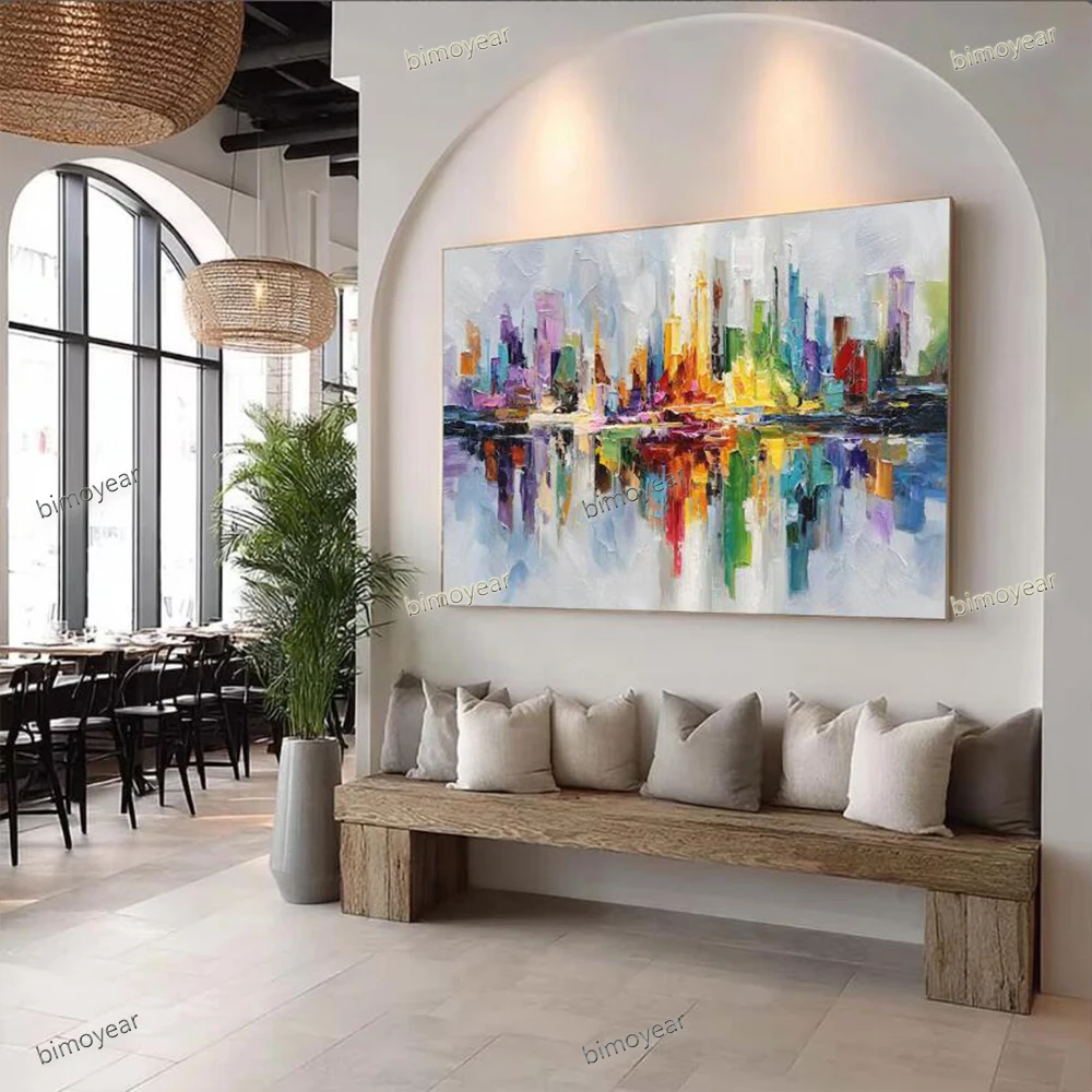 Handmade Abstract Oil Painting Colorful City Theme Mural Living Room Home Decor Gift 100% Handcrafted Artwork