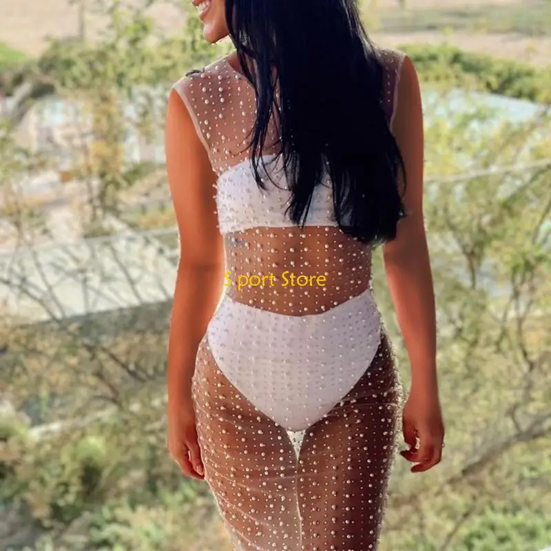 

U2JB Женское сетчатое бикини, накидка, макси-платье без рукавов со стразами, купальник, накидка