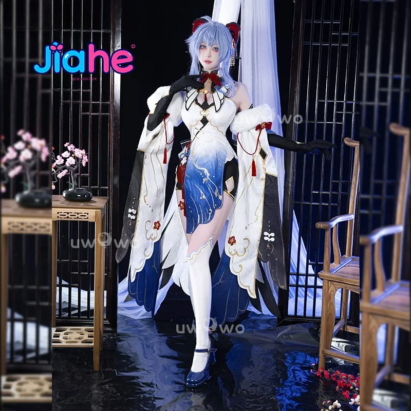 Disfraz de Ganyu para cosplay de Genshin Impact, con estampado de ciruelas rojas sobre fondo nevado, estilo chino, un precioso cheongsam para fiestas de Halloween, vestido sexy para mujer y accesorios.